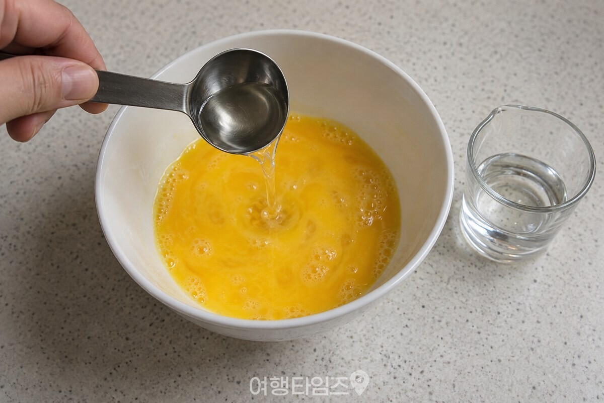 계란 세 개를 푼 그릇에 맛술과 물을 계량해 넣는 준비 단계. / 기사 이해를 돕기 위한 생성형 이미지