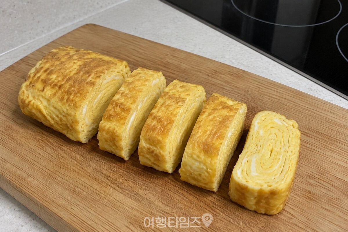 사각 팬에서 막 말아낸 계란말이를 도마 위에서 썰어 단면의 얇은 층이 보이는 모습. / 기사 이해를 돕기 위한 생성형 이미지