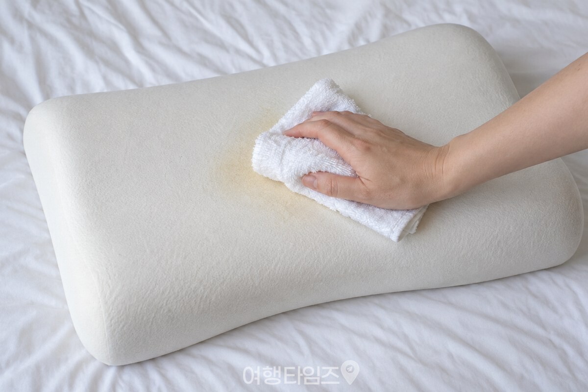 꽉 짠 젖은 흰 수건으로 메모리폼 베개 가운데를 가볍게 두드려 닦는 모습. / 기사 이해를 돕기 위한 생성형 이미지