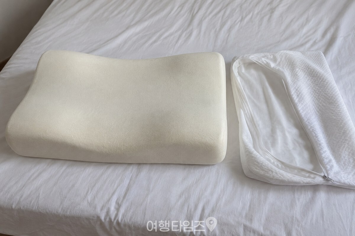 지퍼를 열어 분리한 흰 베개 커버와 물에 담그지 않은 메모리폼 베개 본체를 침대 위에 나란히 둔 모습. / 기사 이해를 돕기 위한 생성형 이미지