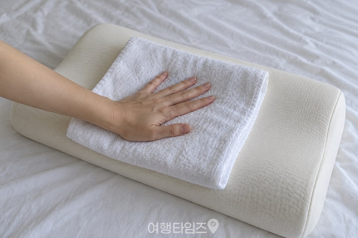 마른 수건을 메모리폼 베개 위에 올리고 손바닥으로 눌러 물기를 흡수시키는 모습. / 기사 이해를 돕기 위한 생성형 이미지