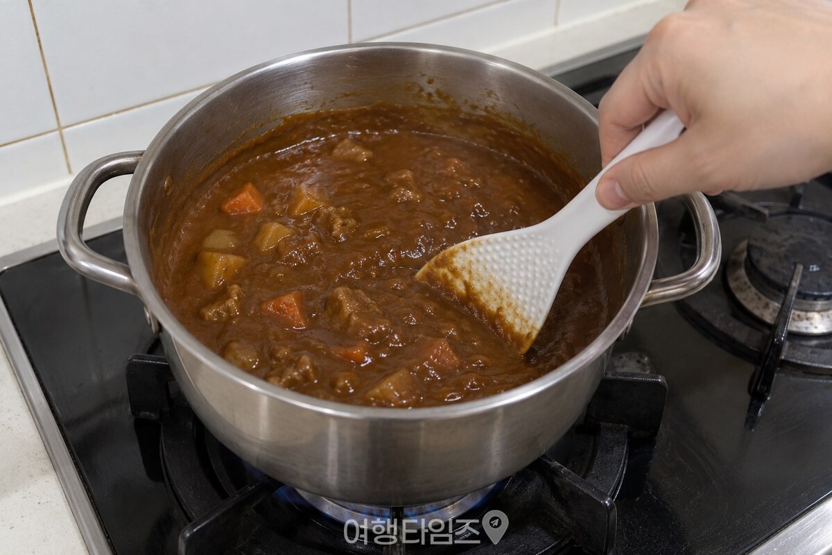 잘게 쪼갠 다크 초콜릿이 녹아 든 카레 냄비 바닥을 흰 주걱으로 저어 주는 모습. / 기사 이해를 돕기 위한 생성형 이미지