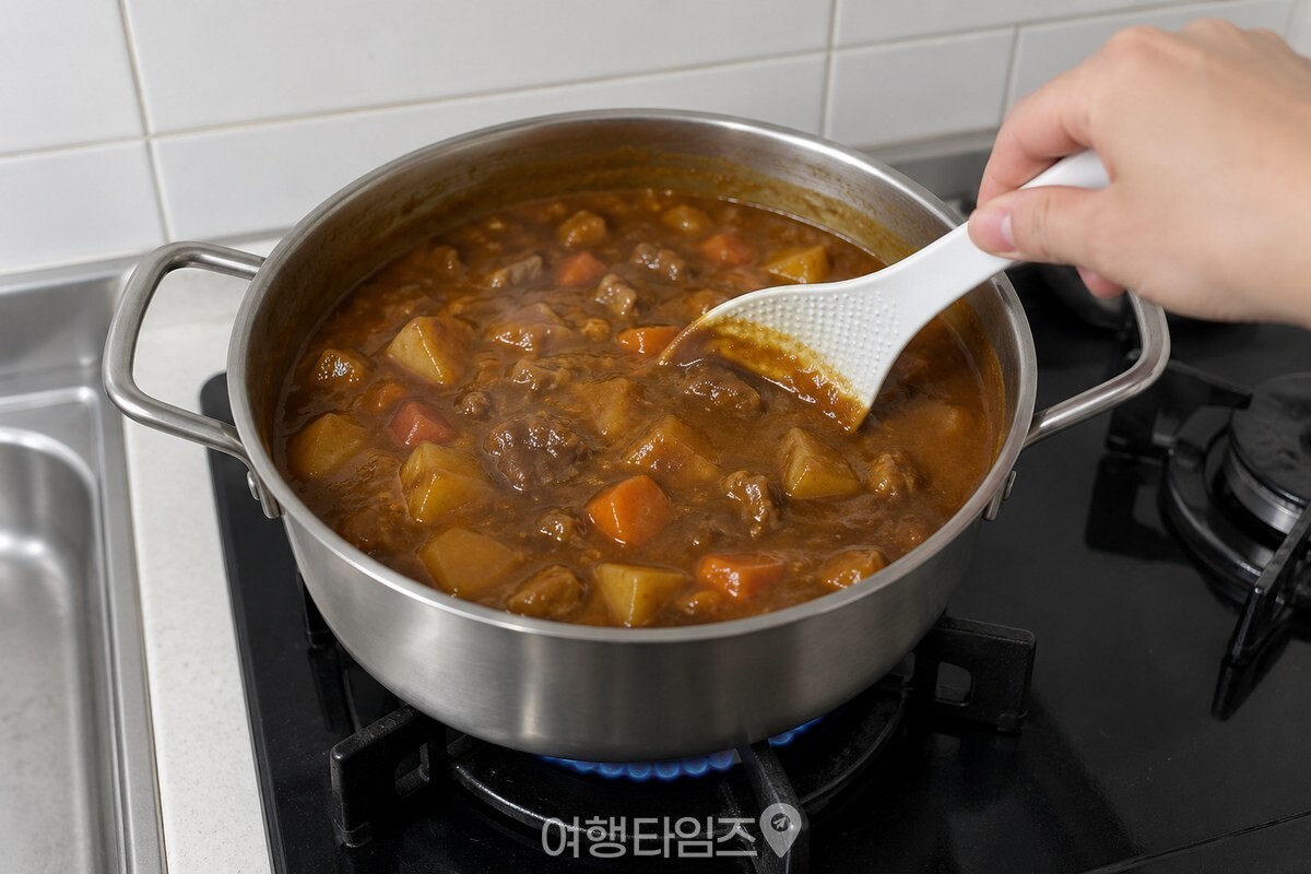 냄비 안에서 짙은 갈색 카레를 흰 주걱으로 천천히 젓는 마무리 모습. / 기사 이해를 돕기 위한 생성형 이미지