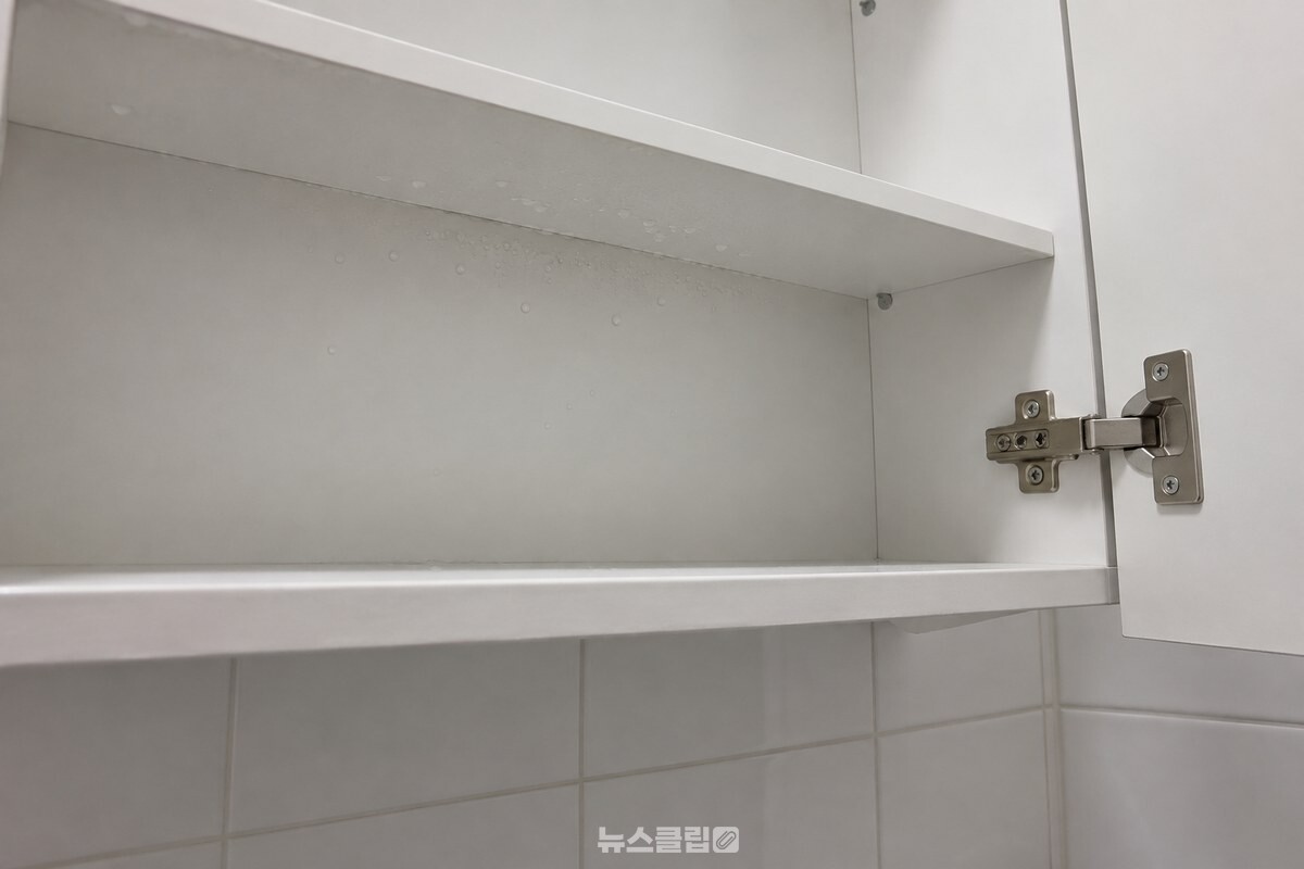 열린 수납장 안쪽 벽과 선반 밑면에 작은 물방울이 보인다. / 기사 이해를 돕기 위한 생성형 이미지