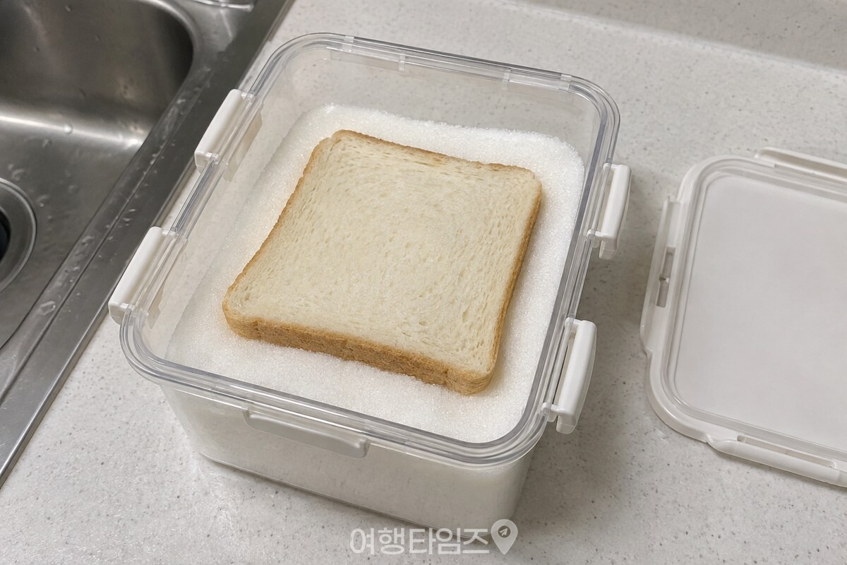 투명 밀폐 용기 안에서 식빵 한 조각이 굳은 설탕 위에 놓여 있다. / 기사 이해를 돕기 위한 생성형 이미지