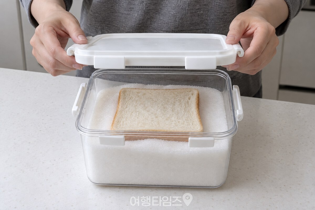 평평하게 고른 설탕 위에 식빵 한 조각을 얹은 뒤 밀폐 용기 뚜껑을 닫으려는 장면이다. / 기사 이해를 돕기 위한 생성형 이미지