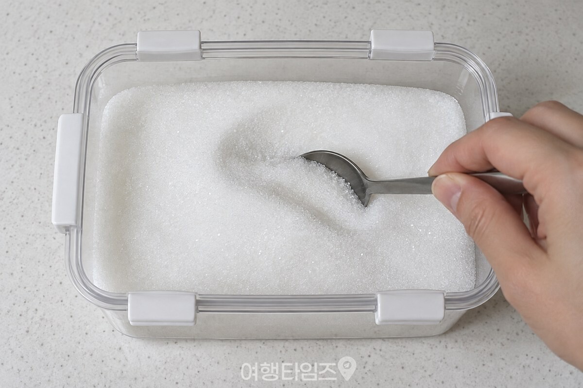숟가락으로 밀폐 용기 안의 부드러워진 설탕을 고르게 섞고 있다. / 기사 이해를 돕기 위한 생성형 이미지