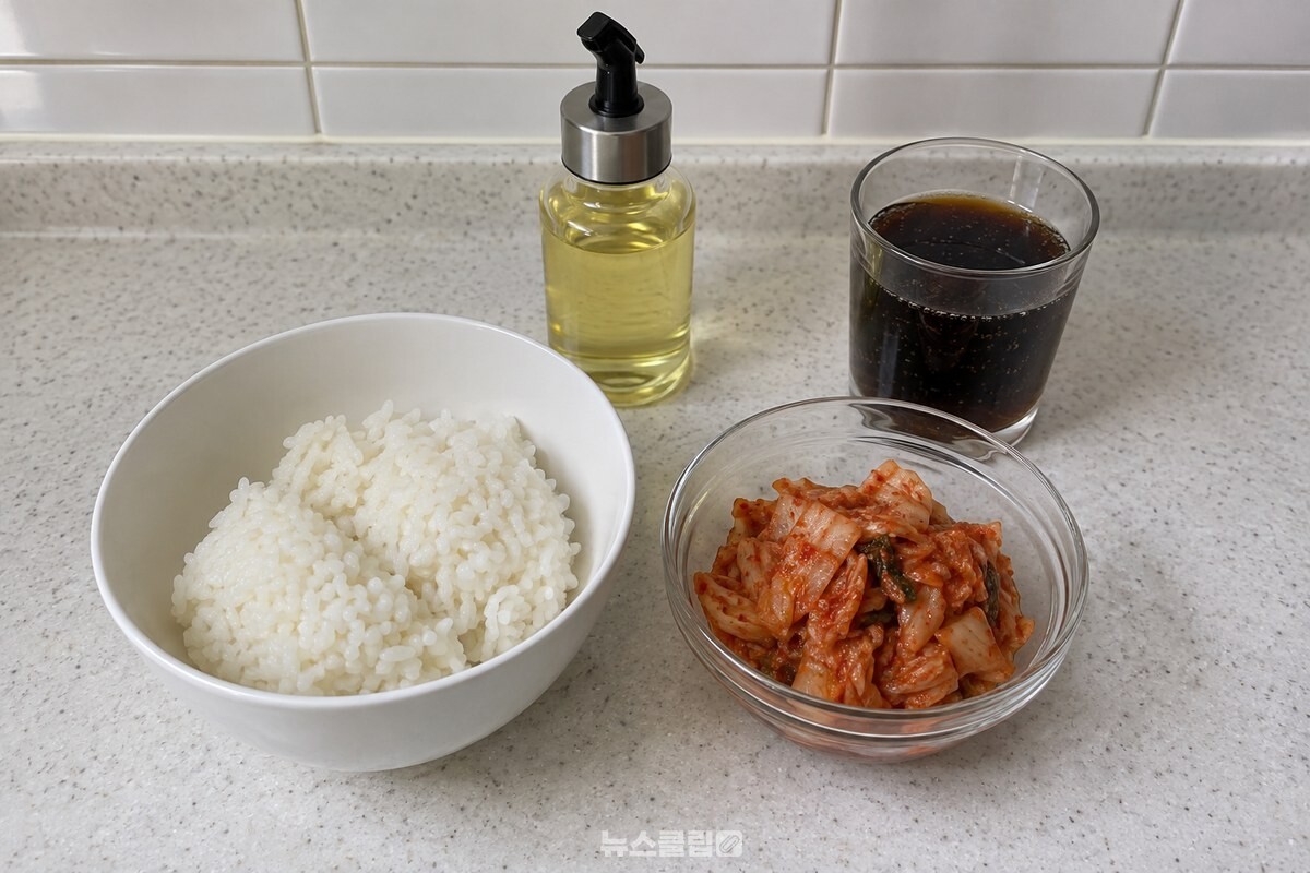 찬밥, 잘 익은 김치, 식용유와 일반 콜라를 조리대에 필요한 만큼 준비한 모습. / 기사 이해를 돕기 위한 생성형 이미지