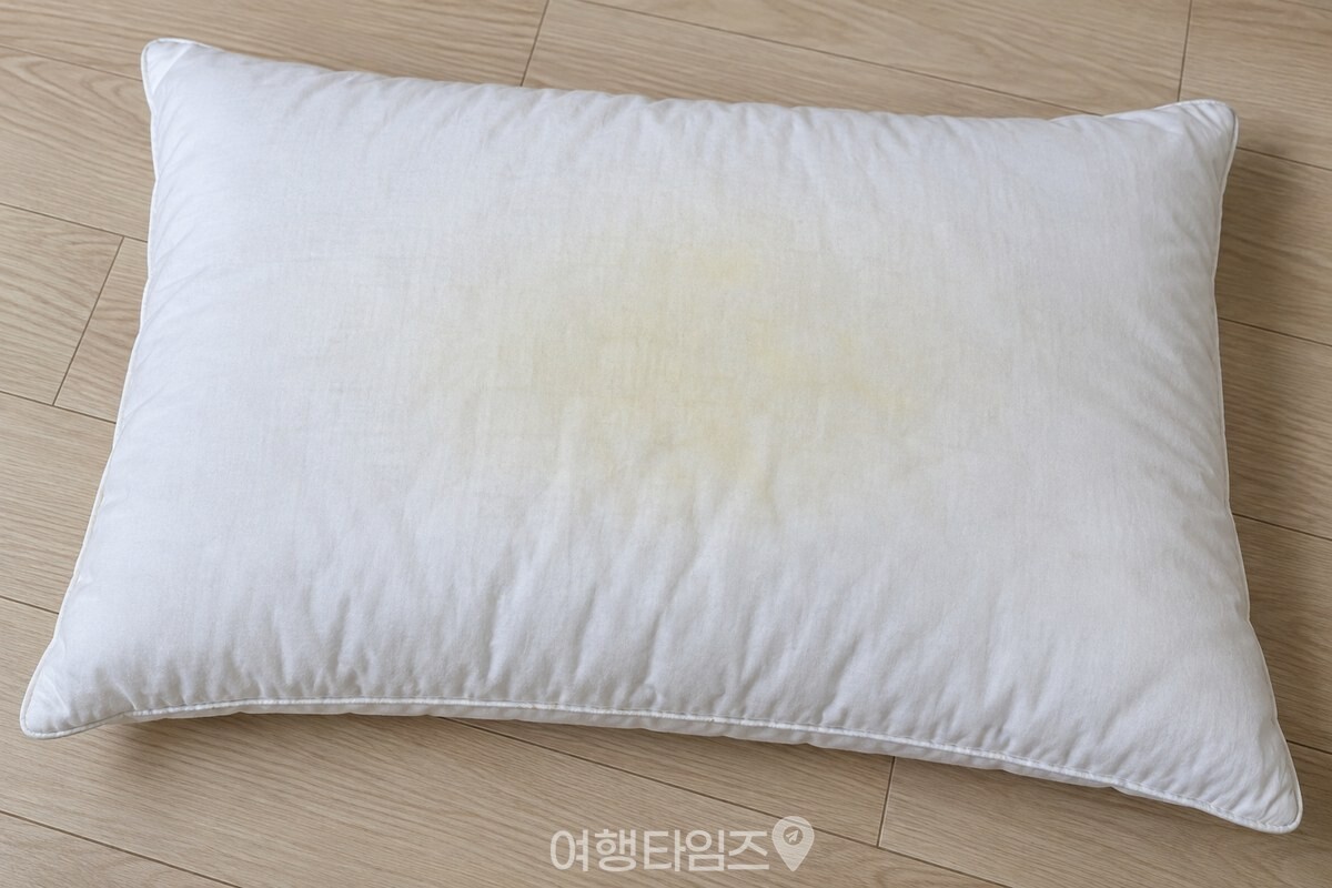 베개 솜의 섬유 사이로 넓게 남아 있는 옅은 누런 자리를 보여주는 사진. / 기사 이해를 돕기 위한 생성형 이미지