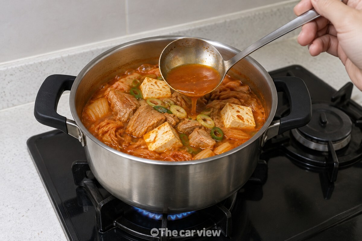 냄비에 끓인 돼지고기 김치찌개와 국자로 뜬 국물의 모습. / 기사 이해를 돕기 위한 생성형 이미지