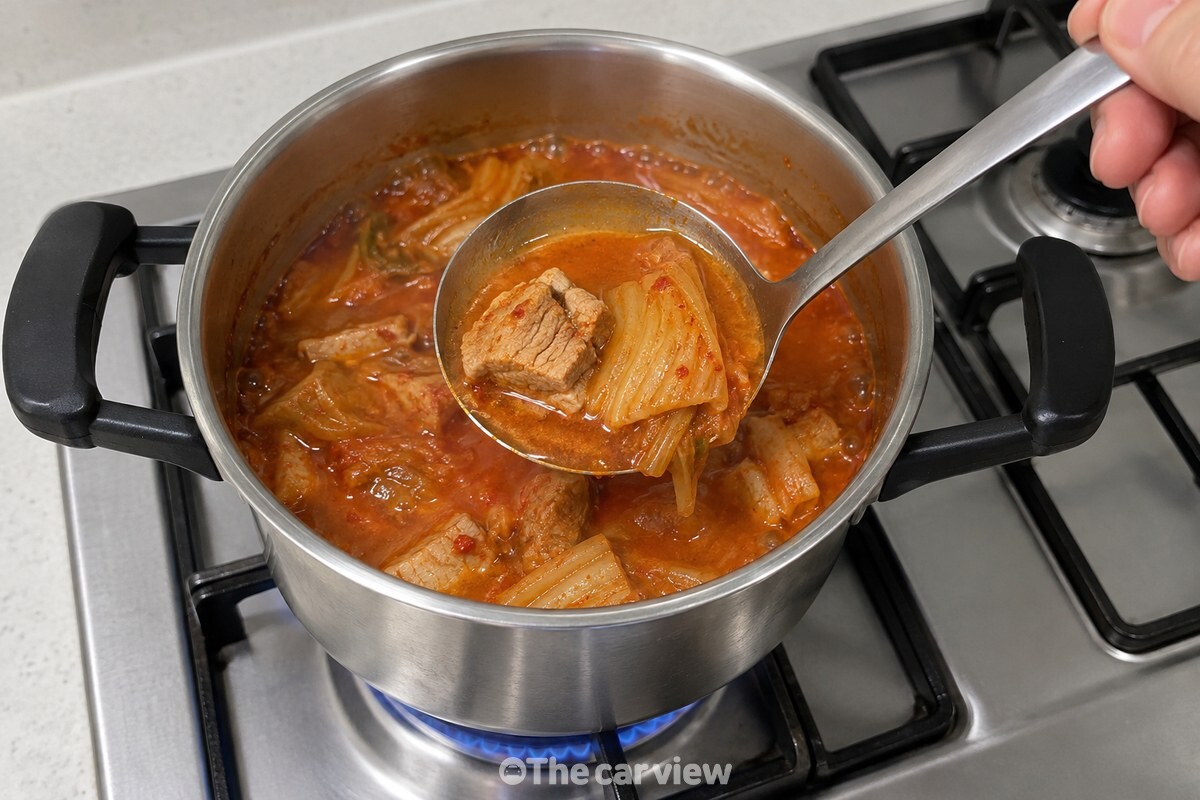 김치와 돼지고기가 든 찌개 국물을 국자로 떠 농도를 살펴보는 모습. / 기사 이해를 돕기 위한 생성형 이미지