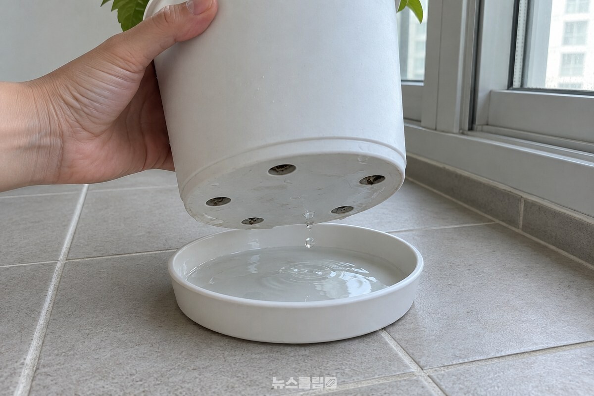 화분 아래 배수 구멍에서 물이 받침으로 떨어진 뒤의 가까운 모습. / 기사 이해를 돕기 위한 생성형 이미지