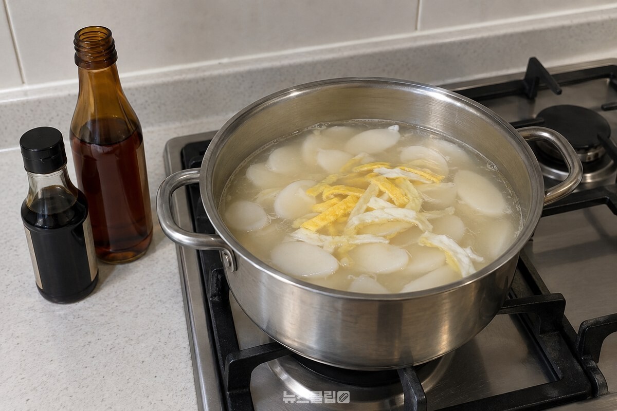 떡과 고명이 담긴 떡국 냄비 옆에 국간장과 멸치액젓을 준비한 모습. / 기사 이해를 돕기 위한 생성형 이미지