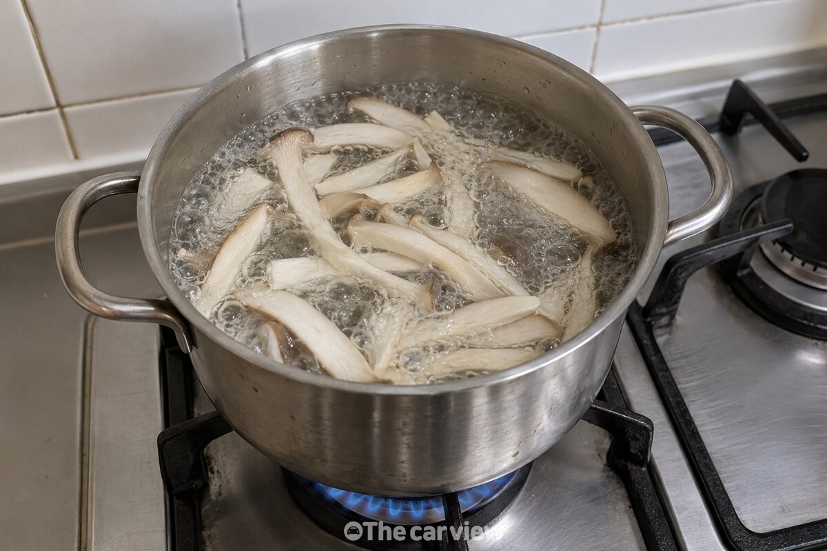 끓는 라면 물에 얇게 썬 새송이버섯을 먼저 넣은 냄비 모습. / 기사 이해를 돕기 위한 생성형 이미지