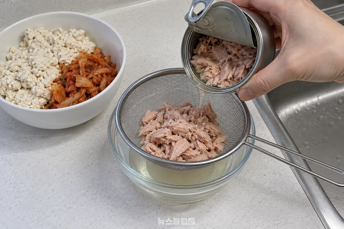 작은 참치캔의 기름을 체에 따라 내는 손과 준비한 콩비지찌개 재료. / 기사 이해를 돕기 위한 생성형 이미지
