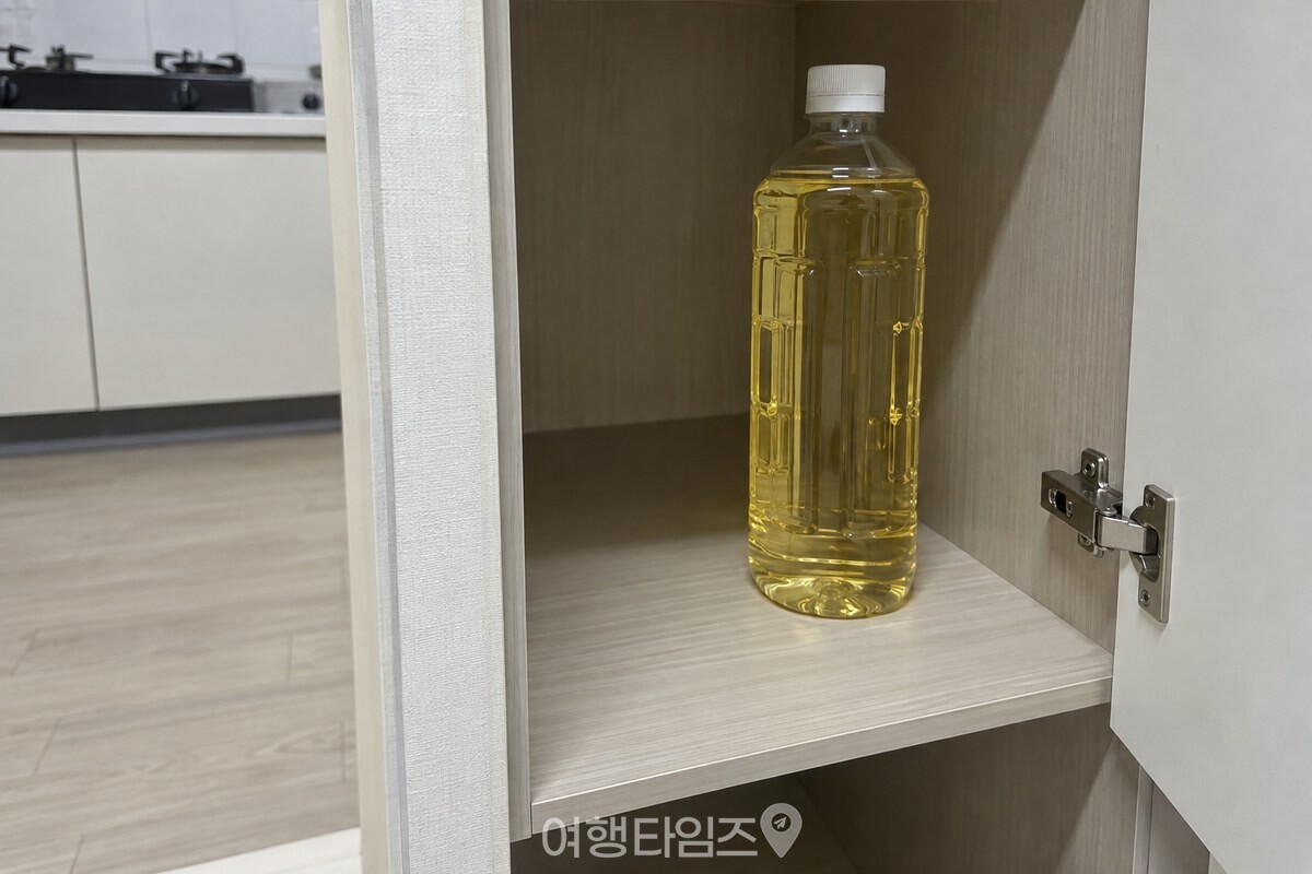 가스레인지와 거리를 둔 하부장 안에 뚜껑을 닫은 식용유 큰 병이 놓여 있다. / 기사 이해를 돕기 위한 생성형 이미지