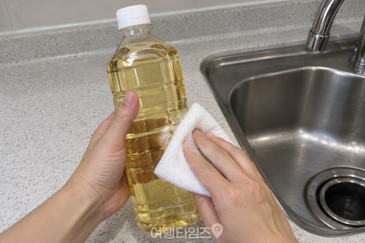 깨끗한 손이 주방 세제를 묻힌 수건으로 식용유병 몸통을 닦고 있다. / 기사 이해를 돕기 위한 생성형 이미지