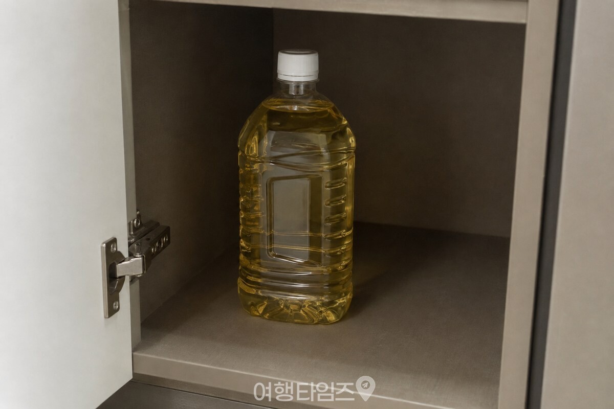 닫을 수 있는 하부장 안쪽 선반에 식용유 큰 병이 세워져 있다. / 기사 이해를 돕기 위한 생성형 이미지