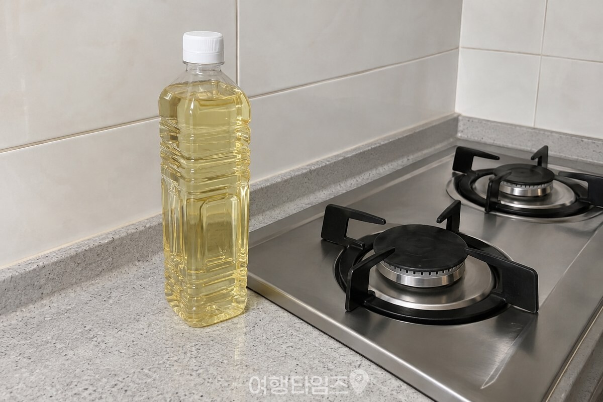 검은 주물 받침이 있는 가스레인지 옆 조리대에 식용유병이 가까이 놓여 있다. / 기사 이해를 돕기 위한 생성형 이미지