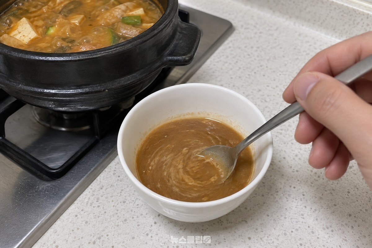작은 그릇에 덜어 낸 된장찌개 국물에 땅콩버터를 숟가락으로 풀고 있습니다. / 기사 이해를 돕기 위한 생성형 이미지