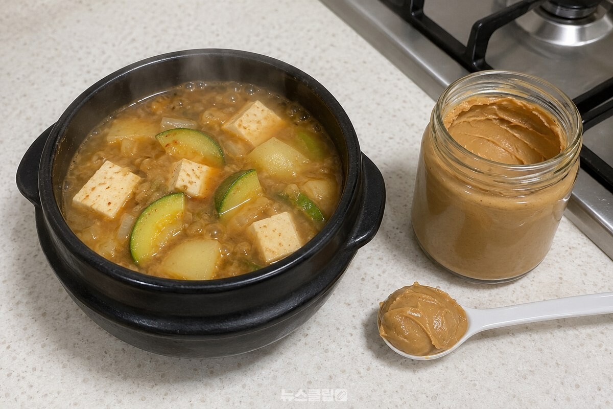 뚝배기에 담긴 된장찌개와 옆에 놓인 무가당 땅콩버터 티스푼입니다. / 기사 이해를 돕기 위한 생성형 이미지