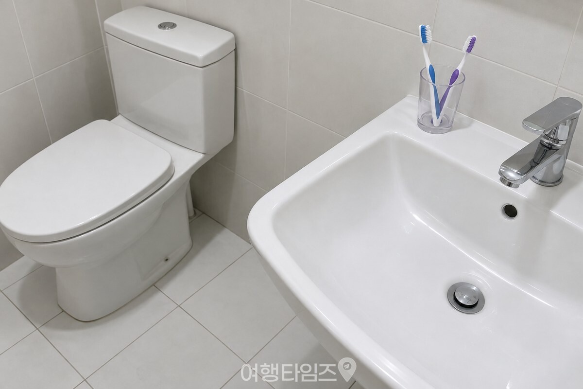 깨끗한 욕실 세면대의 변기 반대쪽 끝에 양치컵과 칫솔이 놓여 있다. / 기사 이해를 돕기 위한 생성형 이미지
