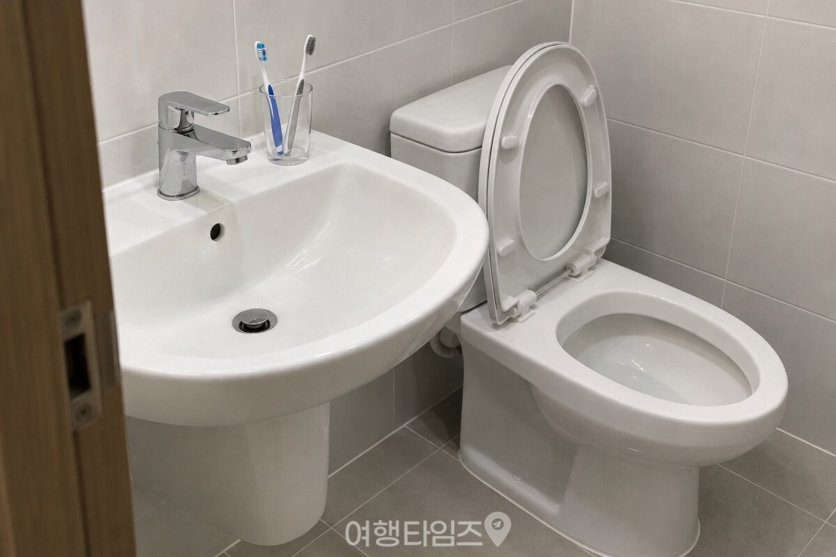 뚜껑을 연 변기와 가까운 세면대 위 양치컵의 위치가 함께 보인다. / 기사 이해를 돕기 위한 생성형 이미지