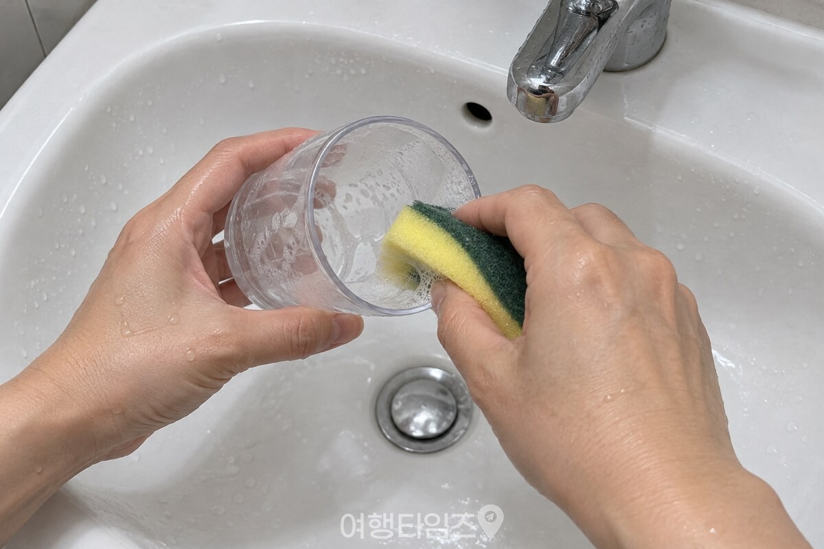 손이 수세미로 양치컵 안쪽 바닥과 테두리를 닦고 있다. / 기사 이해를 돕기 위한 생성형 이미지