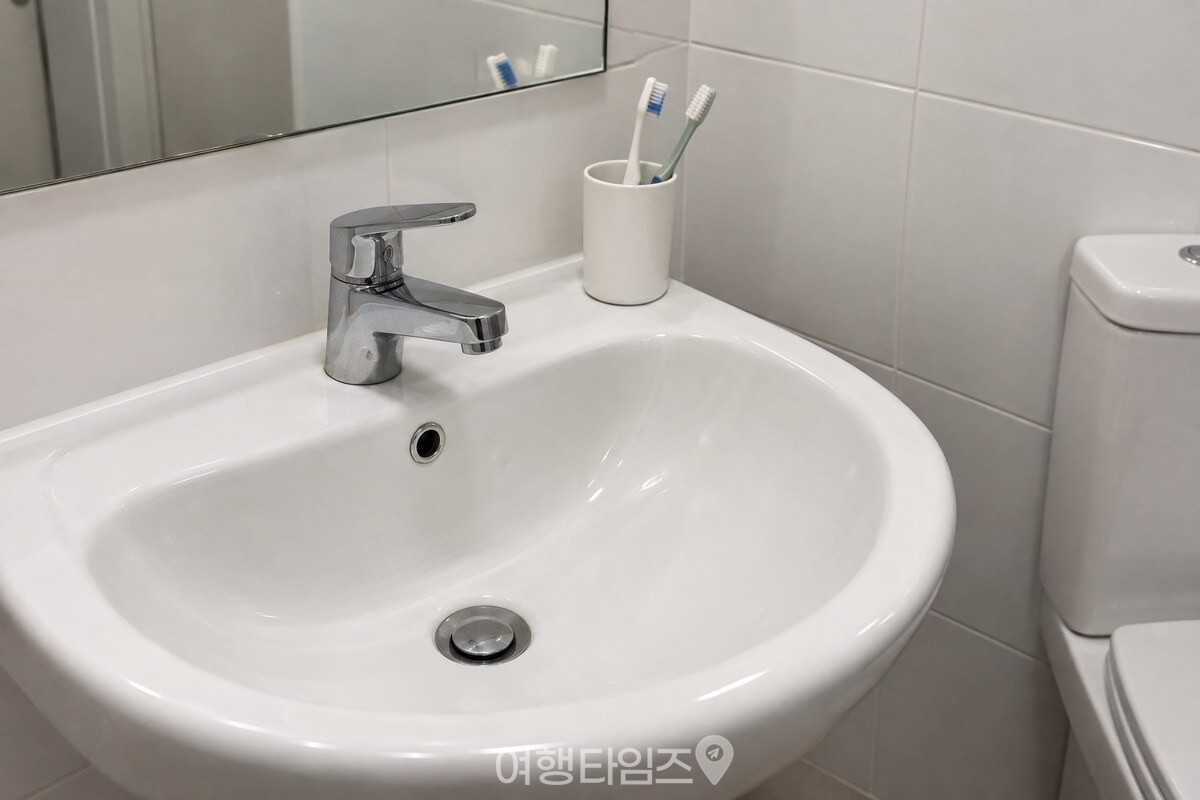 세면대의 변기 반대쪽 끝, 거울 옆에 양치컵을 옮겨 둔 모습이다. / 기사 이해를 돕기 위한 생성형 이미지