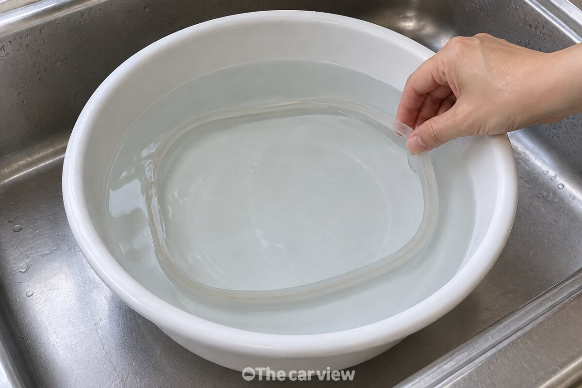 따뜻한 물과 베이킹소다를 푼 흰 대야에 분리한 고무패킹을 둔 모습. / 기사 이해를 돕기 위한 생성형 이미지