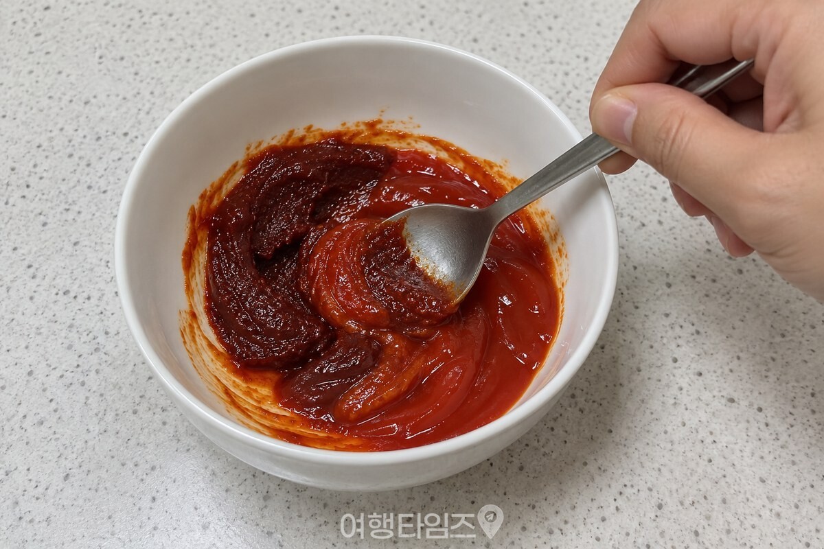 고추장과 케첩을 숟가락으로 눌러 섞는 양념장 준비 모습이다. / 기사 이해를 돕기 위한 생성형 이미지