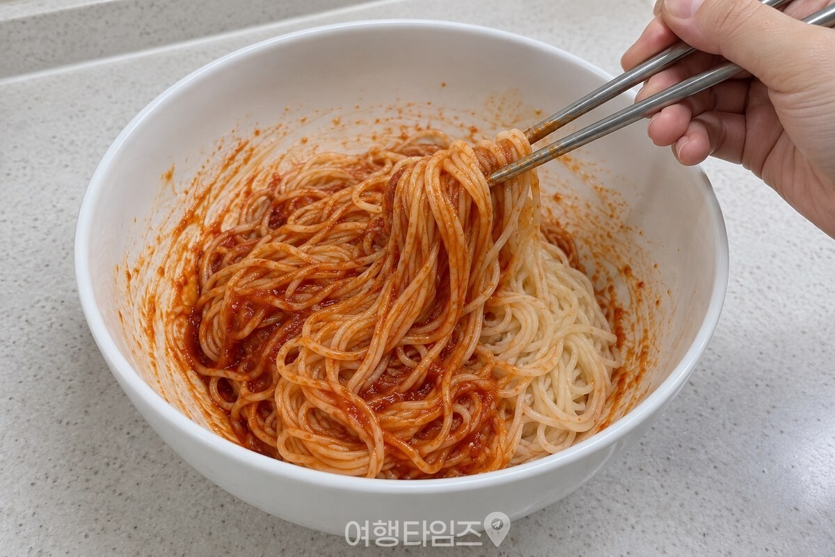 큰 흰 그릇에서 소면과 붉은 양념장을 고르게 버무리고 있다. / 기사 이해를 돕기 위한 생성형 이미지