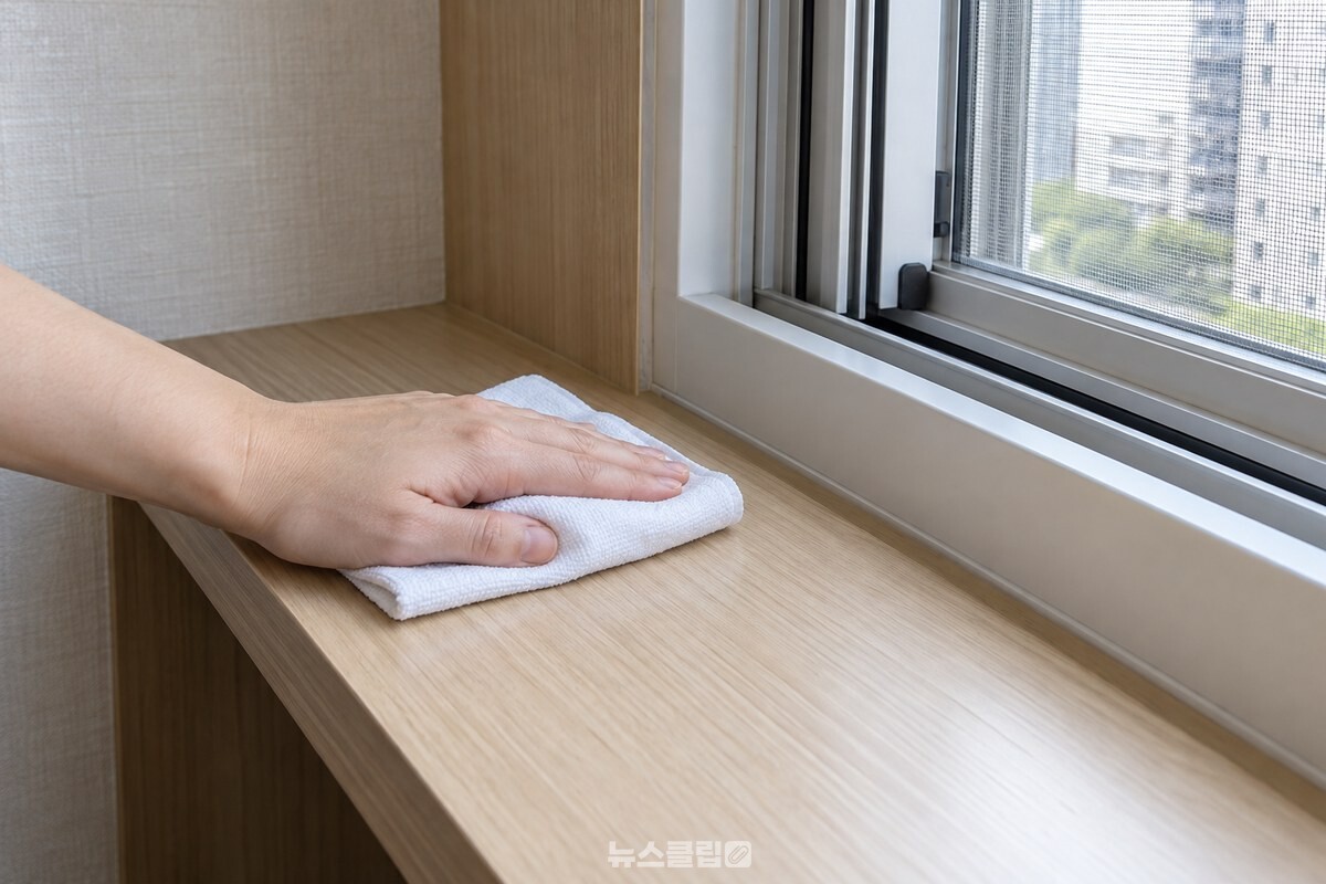 창문을 열어 둔 채 깨끗하게 적신 흰 걸레로 선반 윗면을 닦고 있다. / 기사 이해를 돕기 위한 생성형 이미지