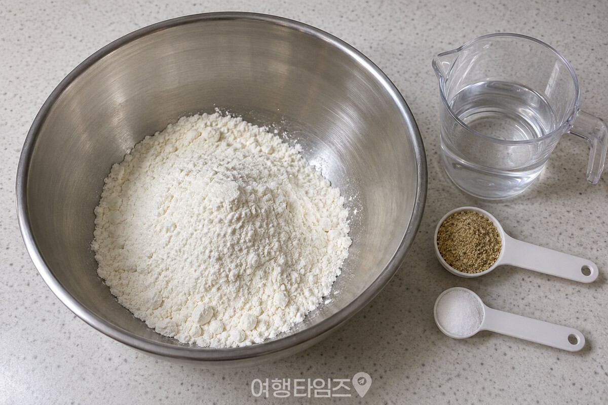 중력분, 들깻가루, 소금과 나눠 넣을 물을 칼국수 반죽용으로 준비한 모습. / 기사 이해를 돕기 위한 생성형 이미지
