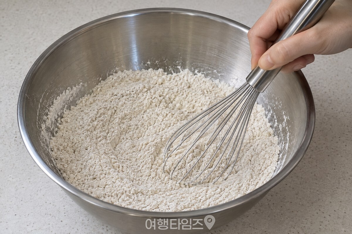큰 스테인리스 볼에서 중력분과 들깻가루, 소금을 고르게 섞는 손. / 기사 이해를 돕기 위한 생성형 이미지