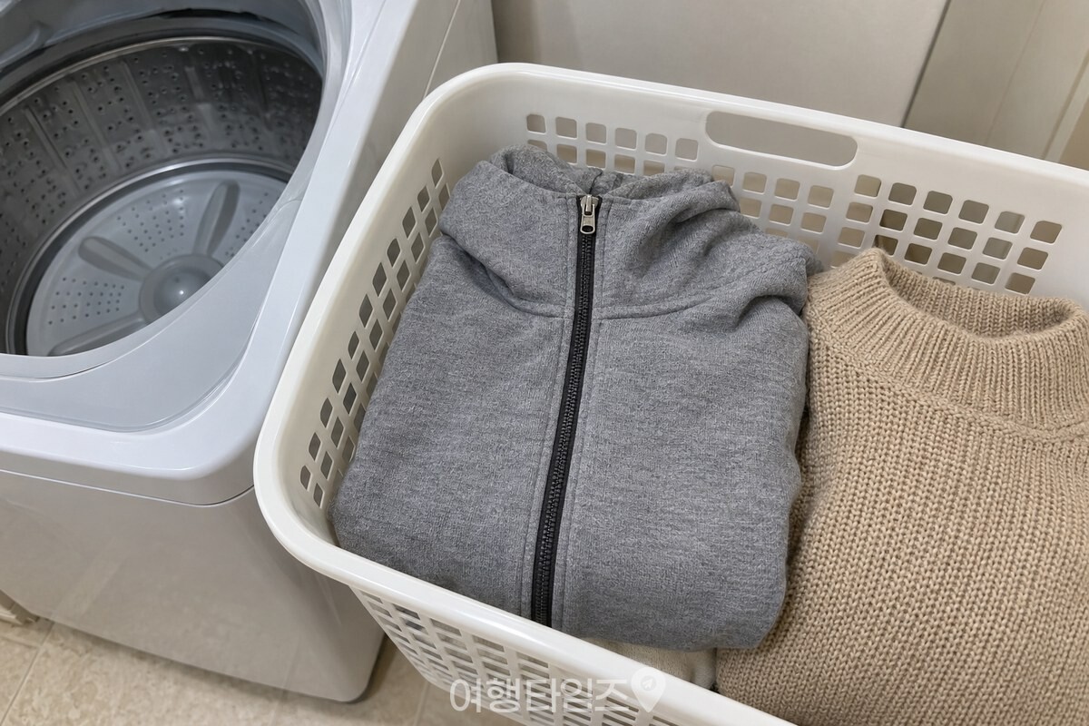끝까지 잠근 회색 집업 후드티와 접어 둔 베이지색 니트가 깨끗한 빨래 바구니 안에 놓여 있다. / 기사 이해를 돕기 위한 생성형 이미지