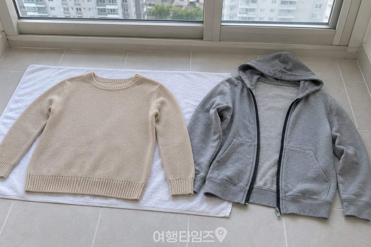 마른 흰 수건 위에 펼친 베이지색 니트와 활짝 연 회색 집업 후드티가 나란히 놓여 있다. / 기사 이해를 돕기 위한 생성형 이미지
