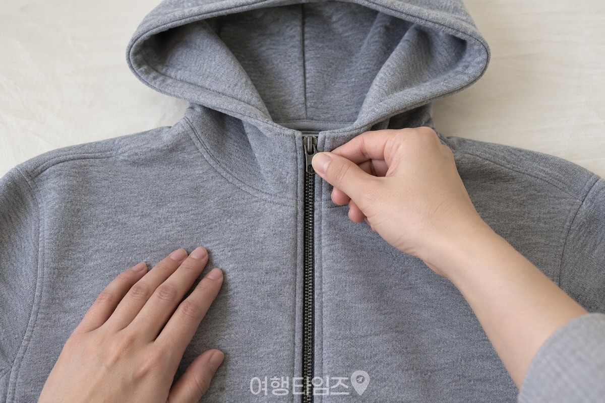 깨끗한 손이 집업 후드티의 지퍼 손잡이를 목 부분 끝까지 올리고 있다. / 기사 이해를 돕기 위한 생성형 이미지