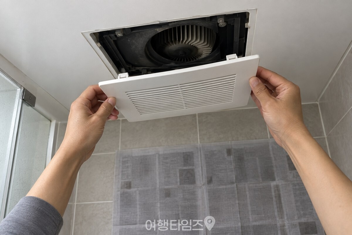 신문지를 깐 욕실 바닥 위에서 양손으로 환풍기 커버를 분리하는 모습 / 기사 이해를 돕기 위한 생성형 이미지
