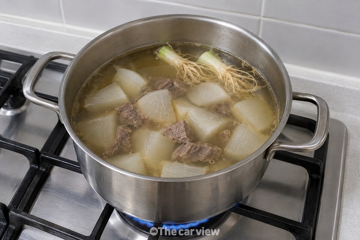 무와 소고기가 담긴 냄비에 맑은 소고기무국이 끓고 있다. / 기사 이해를 돕기 위한 생성형 이미지