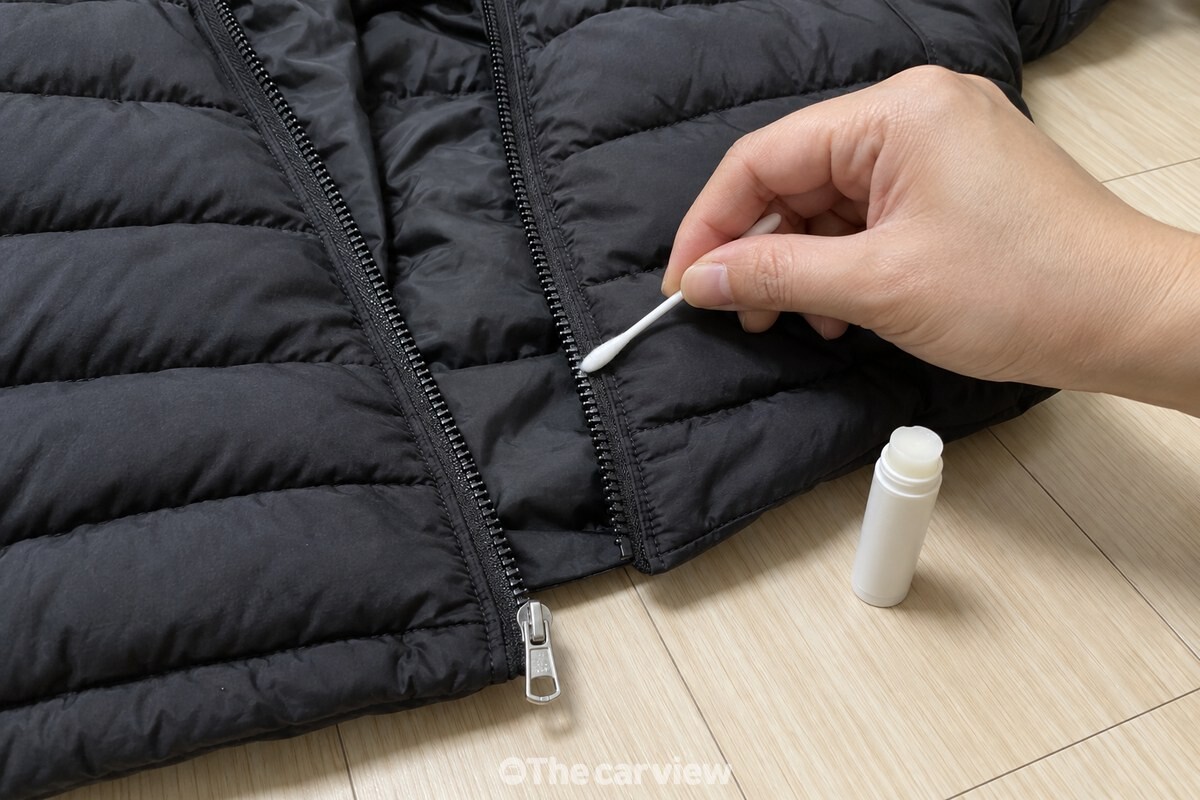 면봉 끝에 묻힌 립밤을 검은 패딩 지퍼 이빨 라인에 얇게 바르는 모습 / 기사 이해를 돕기 위한 생성형 이미지