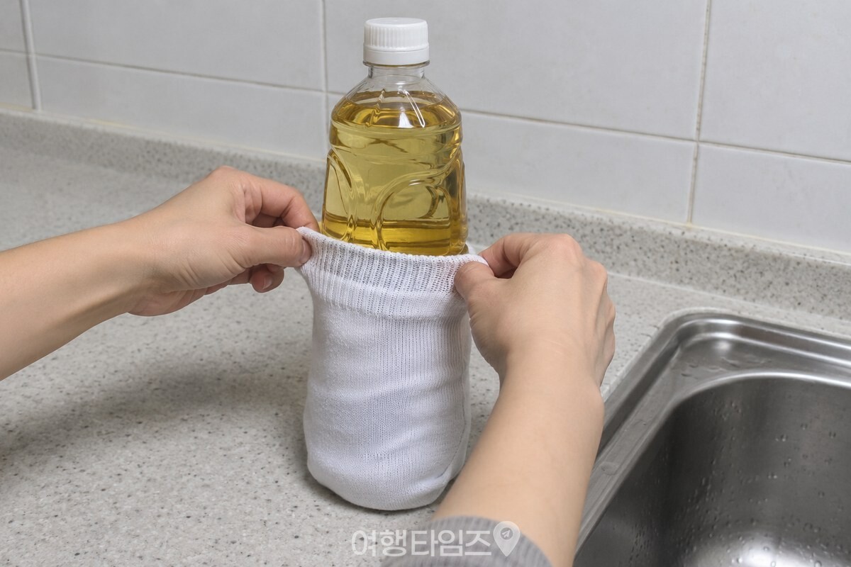 양손으로 양말 고무단을 벌려 식용유 병 밑에서 위로 씌우는 모습. / 기사 이해를 돕기 위한 생성형 이미지