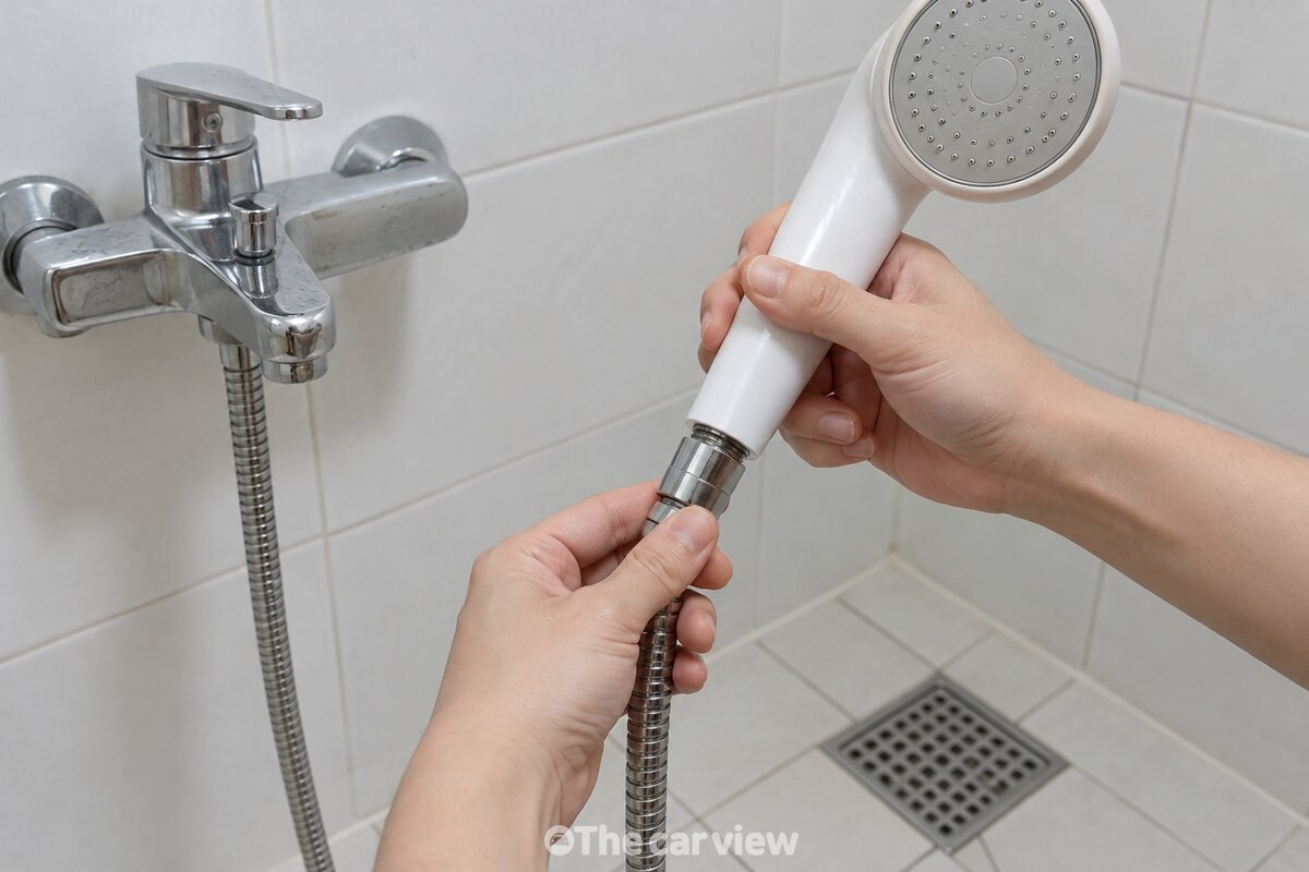 거름망과 고무링을 넣은 뒤 샤워기 헤드를 호스에 손으로 조여 연결부를 확인하는 모습. / 기사 이해를 돕기 위한 생성형 이미지