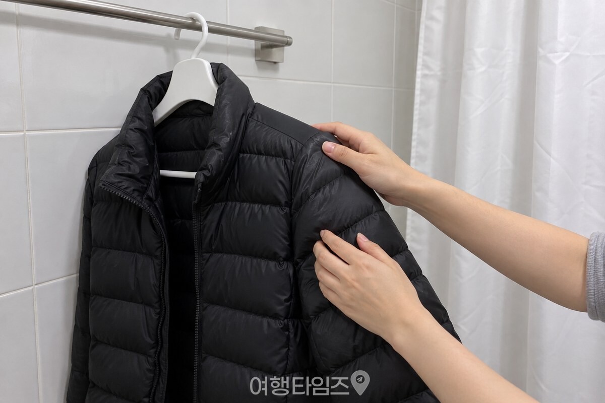 깨끗한 손이 옷걸이에 건 패딩의 어깨와 소매를 가볍게 펴고 있다. / 기사 이해를 돕기 위한 생성형 이미지