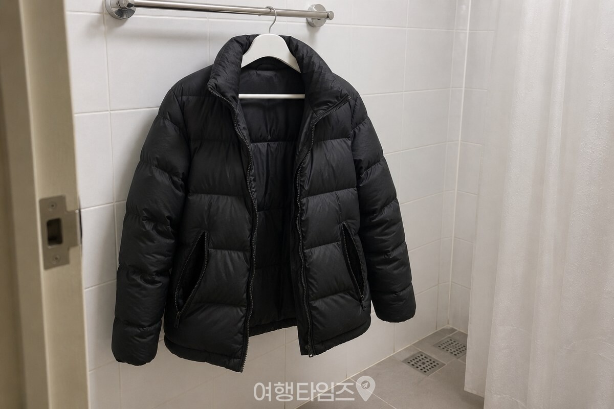 샤워를 마친 깨끗한 욕실에서 지퍼와 주머니를 연 검은 패딩이 넓은 옷걸이에 걸려 있다. / 기사 이해를 돕기 위한 생성형 이미지