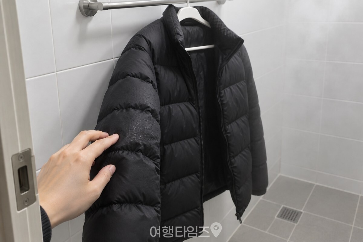 욕실 문가에서 깨끗한 손이 패딩 겉감에 손끝을 살짝 대고 있다. / 기사 이해를 돕기 위한 생성형 이미지