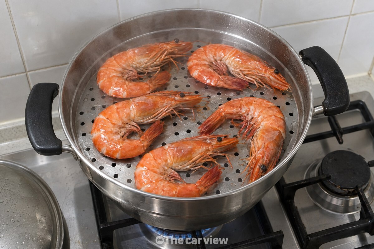 김이 오른 찜기 위에 붉게 익은 왕새우가 겹치지 않게 놓여 있다. / 기사 이해를 돕기 위한 생성형 이미지