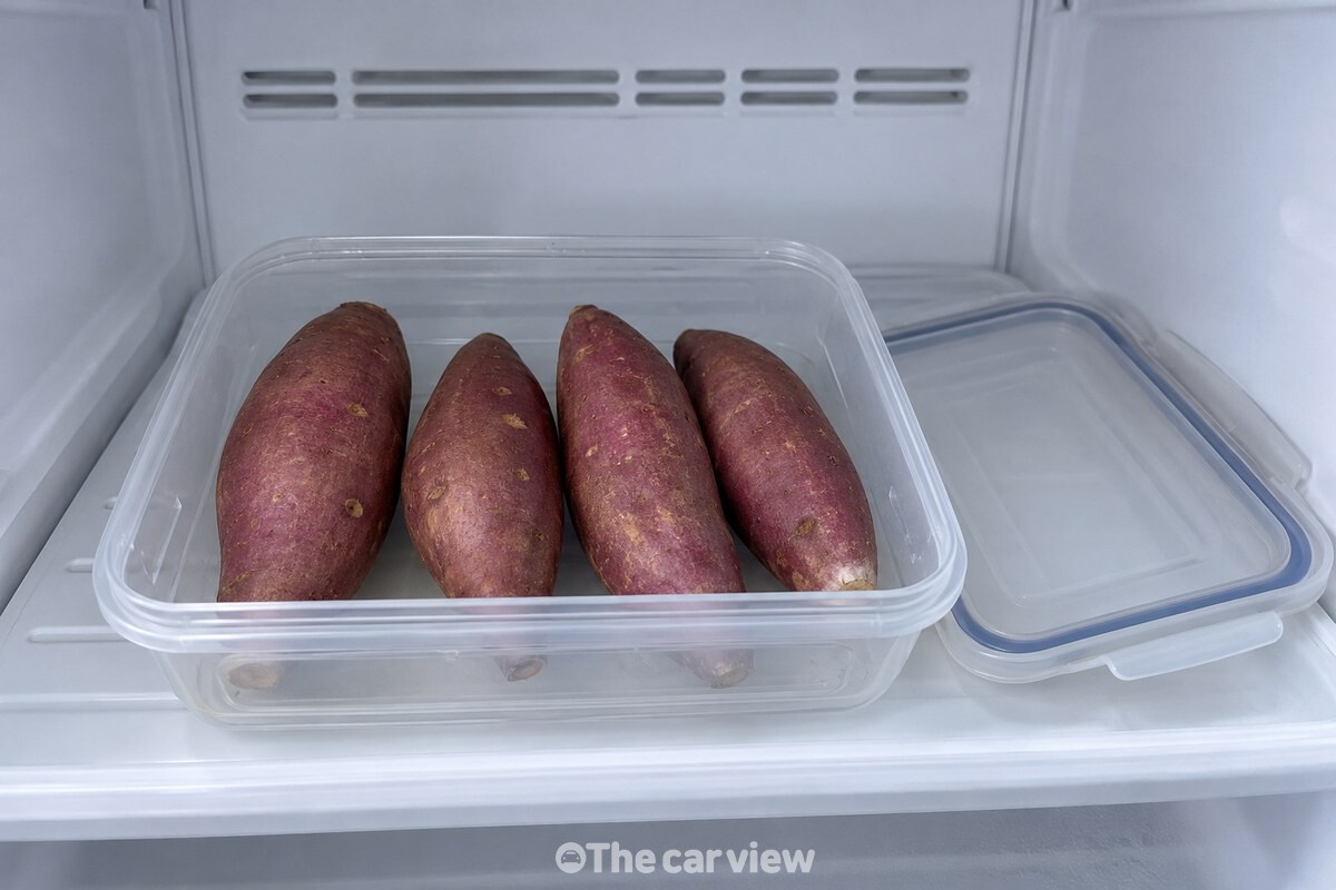 냉동실 선반 위 밀폐 용기에 씻어 둔 고구마가 통째로 놓여 있다. / 기사 이해를 돕기 위한 생성형 이미지