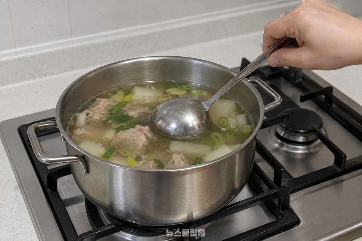 국자 밑면만 국물 표면에 살짝 닿도록 손목을 낮춘 모습. / 기사 이해를 돕기 위한 생성형 이미지