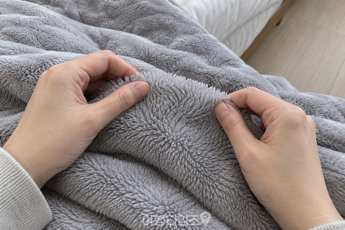 손가락으로 결을 가볍게 벌린 극세사 이불 표면의 가는 섬유가 가까이 보인다. / 기사 이해를 돕기 위한 생성형 이미지